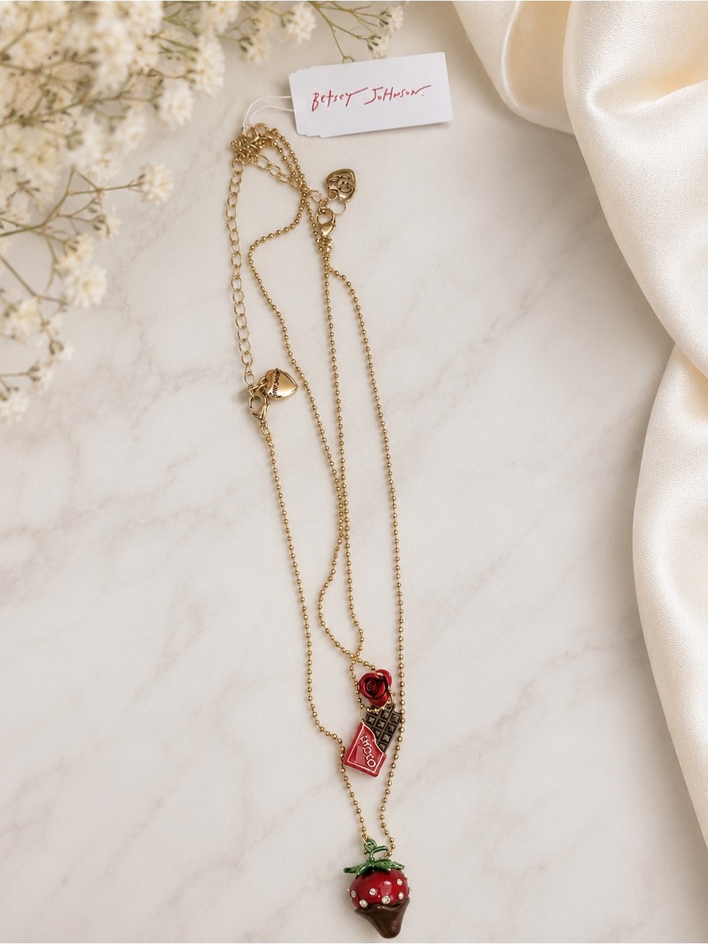 Betsey Johnson 2-Piece Layered Necklace Set Strawberry Chocolate Rose NWT